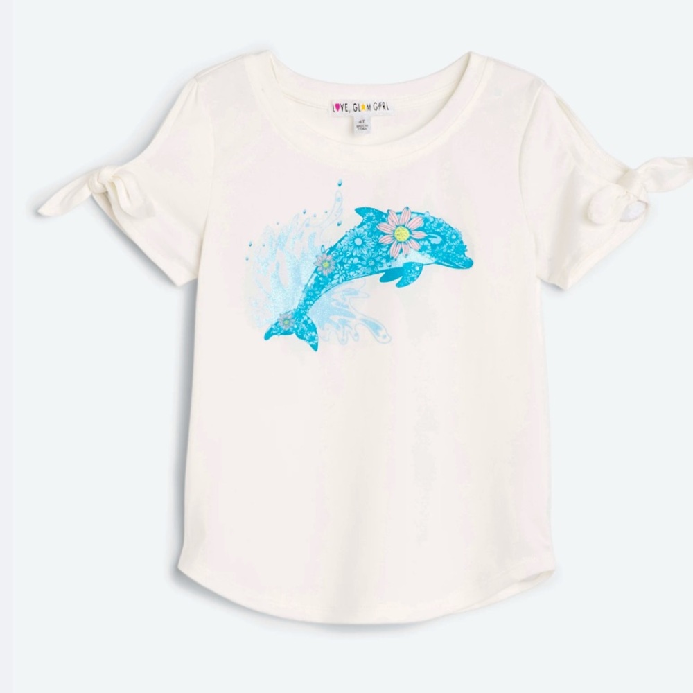 Love Glam Girl Size 4T White Tie Sleeve Graphic Tee with Blue Dolphin Print